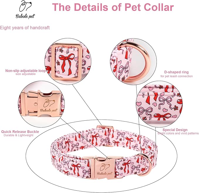 Pink Dog Collar for Female Large Dogs - Cute Bow Pattern Girl Dog Collar for Spring Summer, Adjustable Heavy Duty Pet Valentines Collars with Metal Buckle L