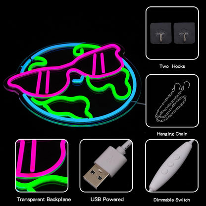 Earth Neon Sign Sunglasses Neon Light for Wall Decor Planet Neon Light Colorful LED Neon sign USB Powered LED Light Up Sign for Bedroom Kids Room Classroom Decoration