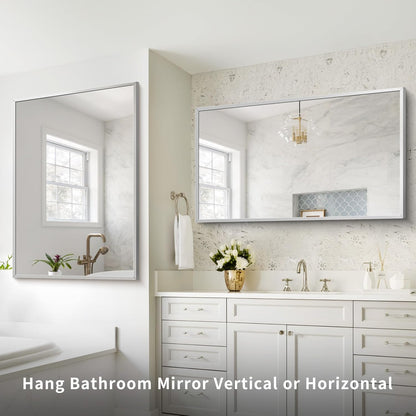 Silver Bathroom Mirror for Wall, 30x48 Inch Rectangle Mirrors with Metal Frame, Modern Vanity Wall Mirror Decor for Bathroom Living Room, Entryway Hangs Horizontal or Vertical
