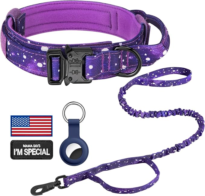 DAGANXI Tactical Dog Collar, Adjustable Military Training Nylon Dog Collar with Control Handle and Heavy Metal Buckle for Medium and Large Dogs, with Patches and Airtags Case (XL, Purple Sky-Set)