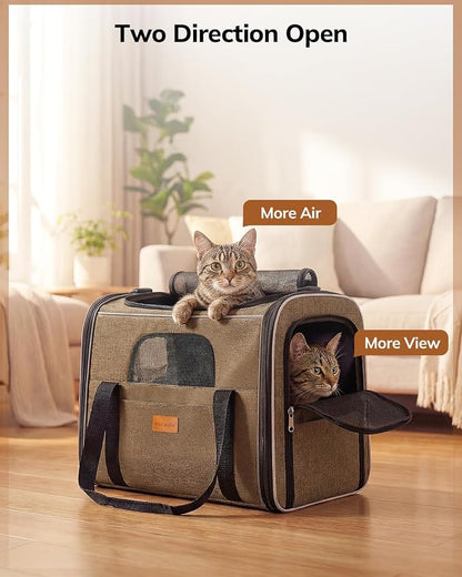 Morpilot Pet Carrier for Large Cats, Puppies & Small Dogs Up to 20lbs | Escape-Proof with Locking Zippers, Dual-Sided Cushion, Safety Buckle for Car & Vet Travel, Includes Foldable Bowl (Brown)