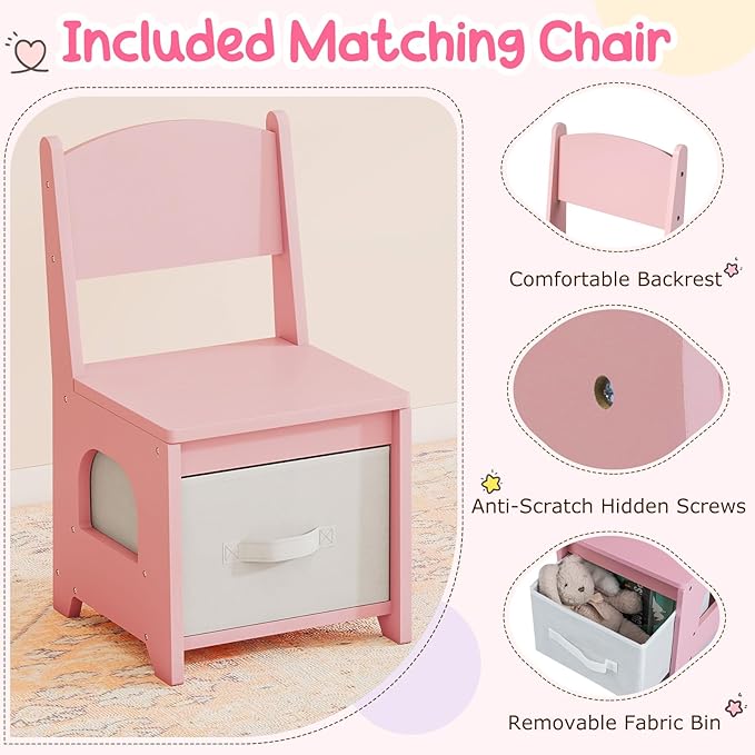 Costzon Kids Vanity with Lights, Girls Vanity Set with Mirror Cabinet, Storage Drawers, Hooks & Shelves, Toddler Makeup Vanity Desk Dressing Table, Wooden Kids Vanity Table and Chair Set (Pink)
