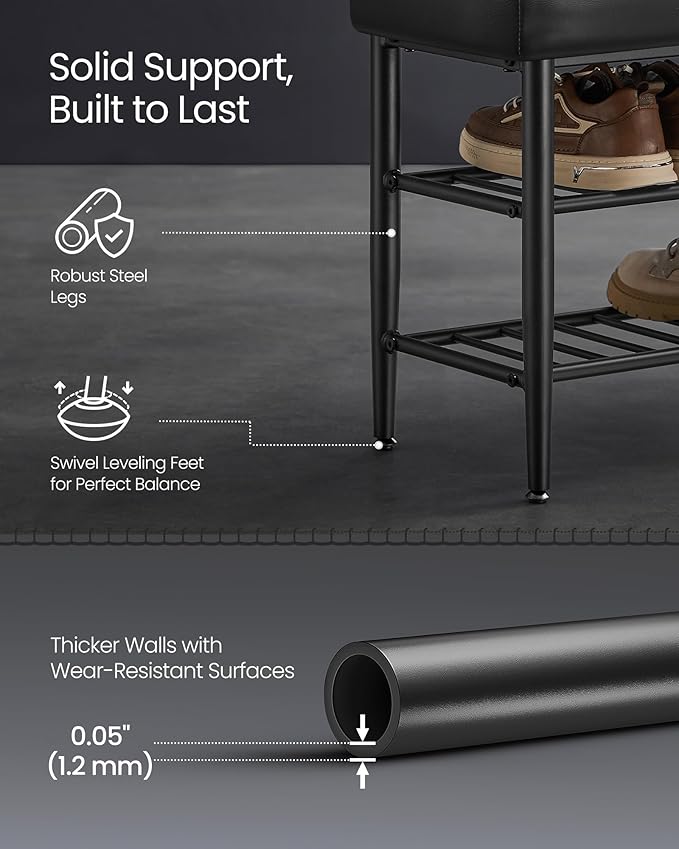 VASAGLE EKHO Collection - Shoe Rack Bench, Storage Bench for Entryway, Synthetic Leather with Stitching, Mid-Century Modern, Loads 300 lb, 11.8 x 39.4 x 19.7 Inches, Ink Black ULSB113B01