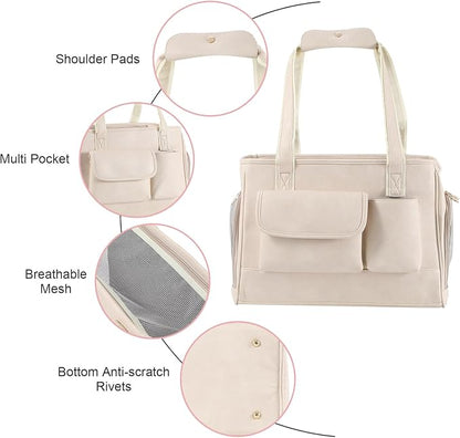 Dog Carrier Purse, Fashion Leather Pet Carrier Bag, Airline Approved Soft Sided Cat Travel Tote Bag with Pockets White