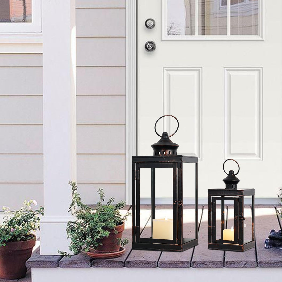 DECORKEY Large Lantern Decorative Outdoor & Indoor, Set of 2 (14’’&10’’) Metal Candle Lanterns Decor, Vintage Hanging Candle Holder for Front Porch Patio Wedding Farmhouse Home, Spring Decoration