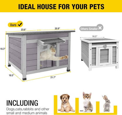 Aivituvin Cat House Waterproof Feral Kitty Shelter Outdoor Indoor Rabbit Hutch for Bunnies,Cats,Dogs and Other Small Animals,Asphalt Roof