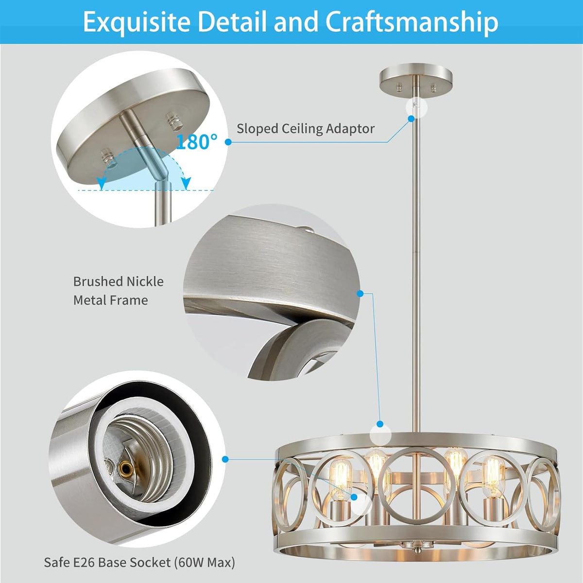 XINGQI 6-Light Modern Farmhouse Chandelier Brushed Nickel, 21.7'' Drum Ceiling Light Fixture for Living Dining Room Over Table with Round Metal Shade Pendant Lighting
