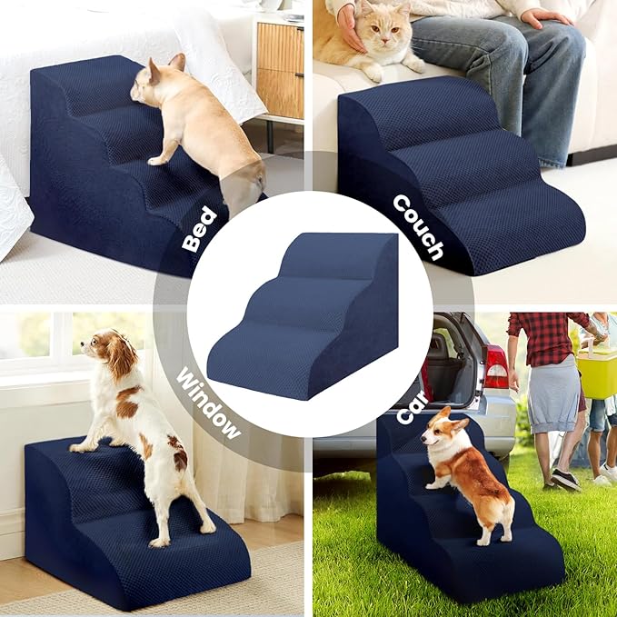 Dog Stairs for Small Dogs, 3 Tiers High Density Foam Dog Ramp, Extra Wide Non-Slip Pet Steps for High Beds Or Couch, Soft Foam Doggie Ladder for Dogs Injured, Older Pets, Small Cats