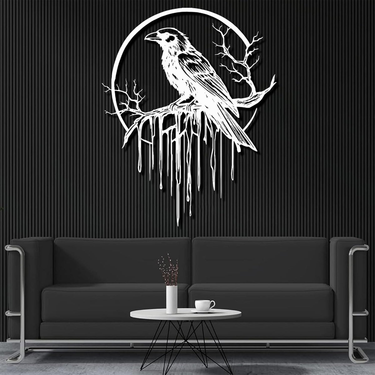 Crow Metal Wall Decor, Raven Wall Art, Large Gothic Raven Decor Hangings, Bird Wall Decor, Metal Tree Branch Decor, Ravens Sign, Raven Art for Living Room (White, 28"x22" |70x56cm, metal wall art)