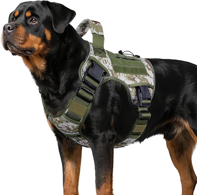 WINGOIN Tactical Dog Harness for Large Dogs, Heavy Duty No Pull Dog Harness with Handle, Adjustable Reflective Military K9 Big Pet Vest for Husky, Doberman, Walking, Hunting, Green Camo (XL)