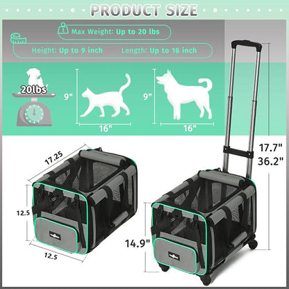 Paw Ballet Pet Carrier with Wheels, Durable Airline Approved Cat Crate, Foldable Rolling Dog Carrier, Rolling Bag for Cat &Dog, Use for Travel, Outdoor, Vet Visits, Camping, Indoor.