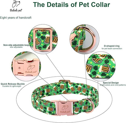 St. Patrick's Day Dog Collar, Beer & Clover Green Dog Collars, Adjustable Heavy Duty Irish Shamrock Pet Collar for Small Medium Large Dogs with Metal Buckle L