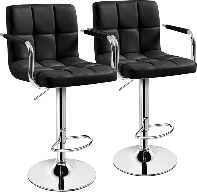 Yaheetech Bar Stools Set of 2, PU Leather Adjustable Swivel Barstools, Hydraulic Kitchen Counter Height Bar Chairs with Armrest and Back for Kitchen, Dining Room, Black