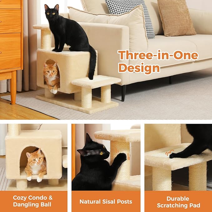 3-in-1 Dog Stairs & Cat Scratching Post with Condo, Pet Steps for High Beds, Sofa, Couch, Tall Cat Tower, High-Strength Boards for Indoor Small Cats Kittens Dogs Climbing Playing, 3 Steps-Beige