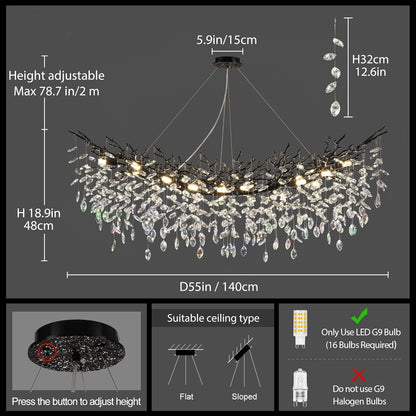 Modern Black Rectangle Crystal Tree Branch Chandelier, 55" 16-Light K9 Crystal Chandeliers for Dining Room, Rectangular Dining Room Chandelier Over Table,for High Ceiling,Kitchen