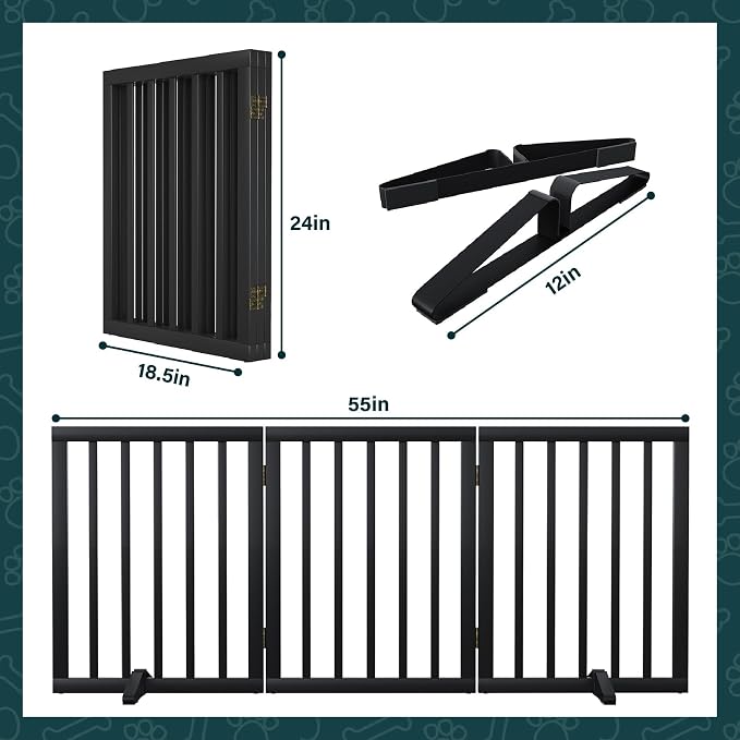 Semiocthome Bamboo Freestanding Dog Gates for Doorways,3-Panel Indoor Puppy Gates for the House with 2 Metal Stands,24"H Folding Pet Gate for Stairs Expands Up to 55"W Fully Assembled Stair Gate Black