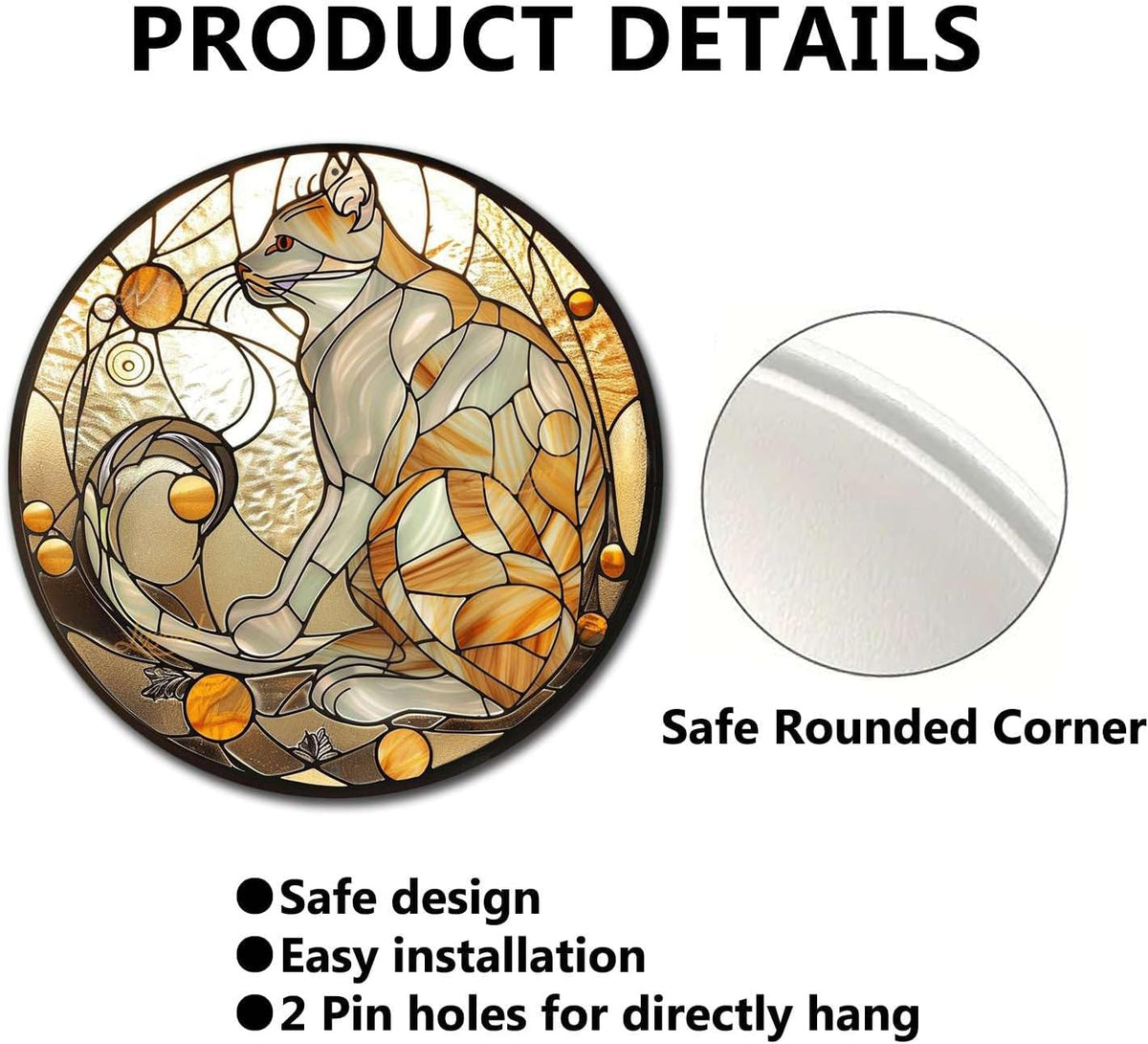 Lygond Metal Cat Toilet Decor - Circular Stained Glass Tin Sign for Club 88 Inches