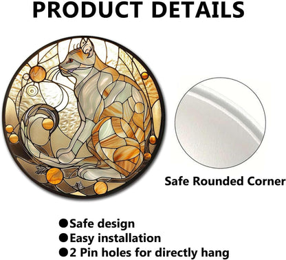 Lygond Metal Cat Toilet Decor - Circular Stained Glass Tin Sign for Club 88 Inches
