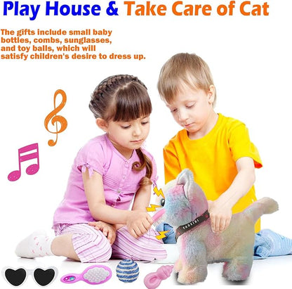 Colorful Leash Walking Cat Set Singing That Purrs and Meows Animated Plush Robot Kitten Moving Plush Realistic Stuffed Animal Remote Control Cute Kawai Robotic Kitty Toy for Girl