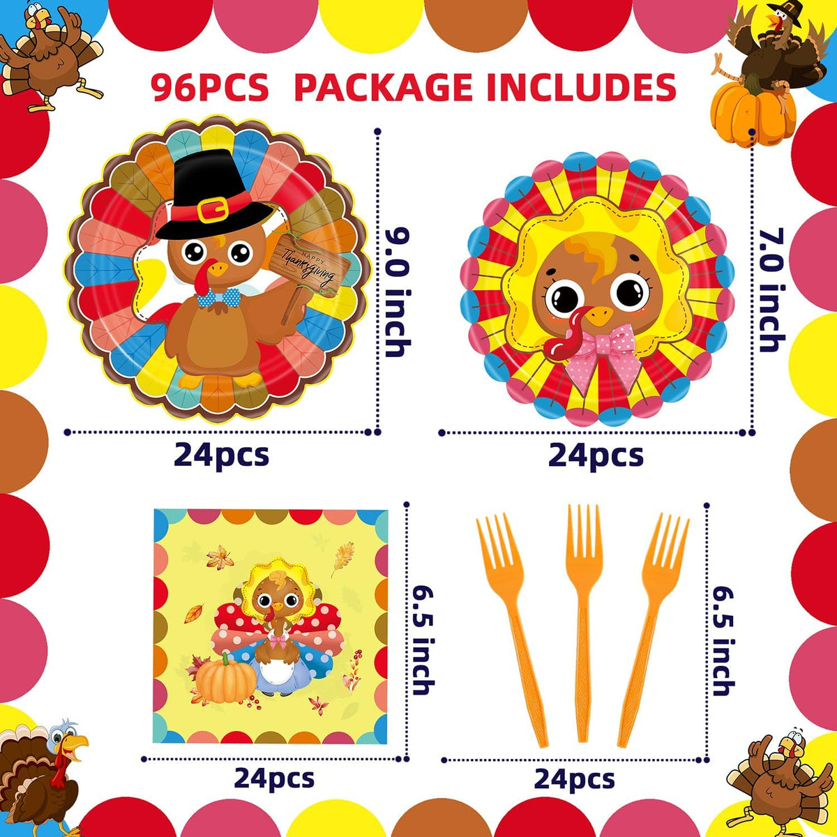 Turkey Thanksgiving Party Supplies - 96 Pcs Fall Decorations Set With Paper Plates, Napkins, Forks - Autumn Disposable Tableware for Harvest Party