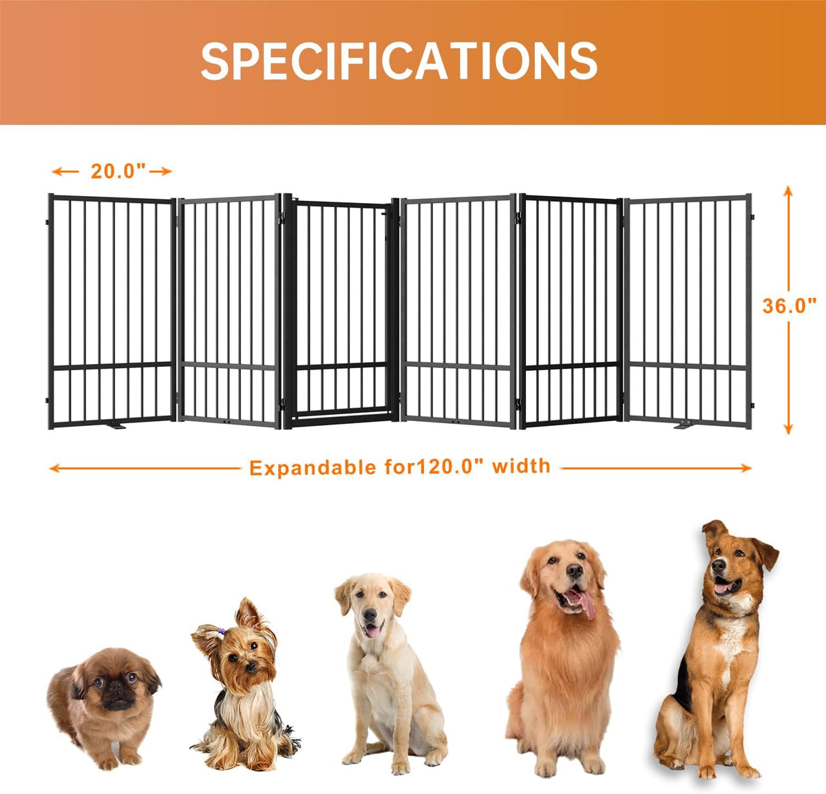 Full Metal Freestanding Dog Gate with Door, 36''Height Foldable Pet Dog Fence for Indoor & Outdoor, 6 Panels Extra Wide Free Standing TallDog Gates for Doorways,House,Stairs,Porch,Deck,Yard