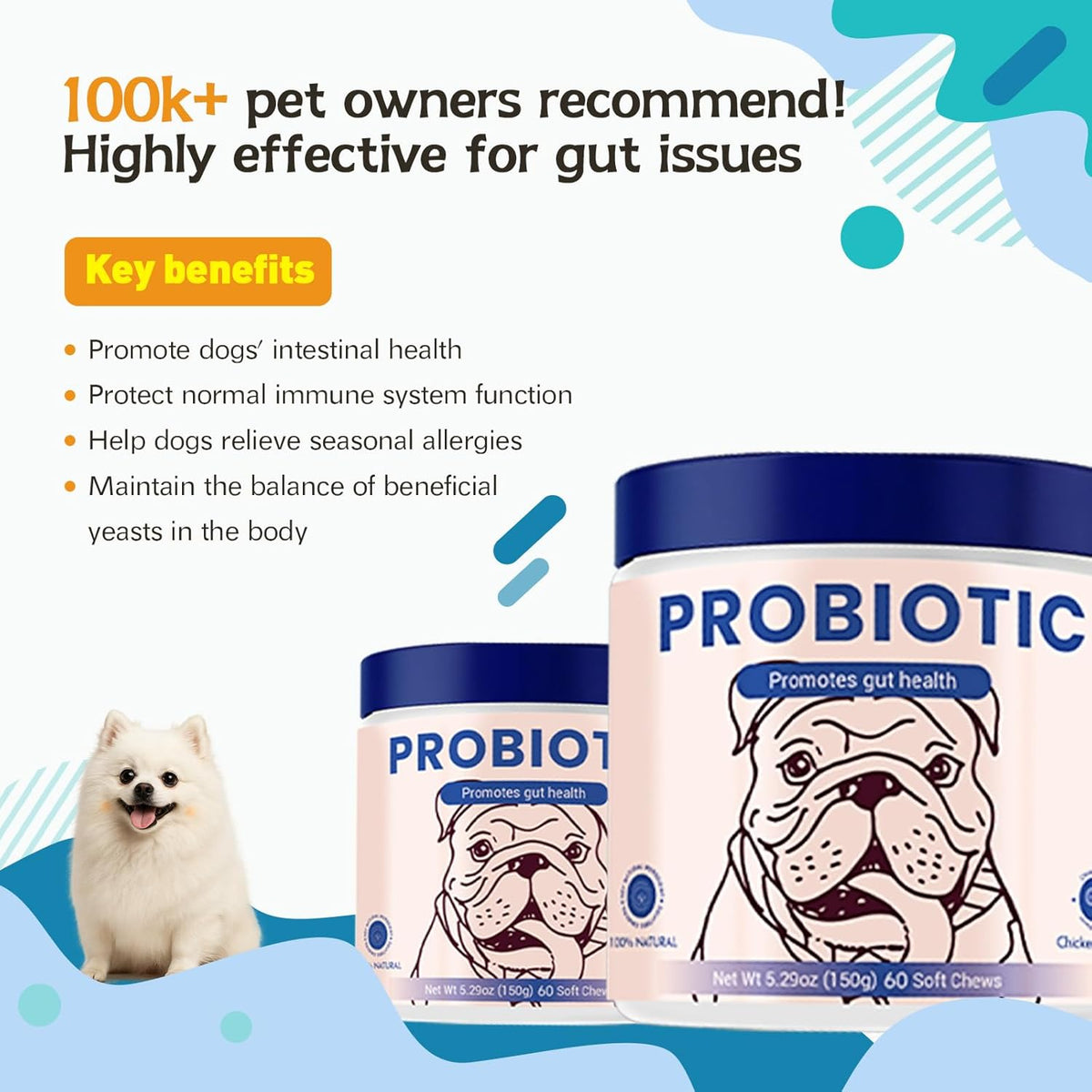 Probiotics for Dog,Support Gut Health,Probiotics for Digestive Health,Digestive Health & Seasonal Allergies-Dog Supplements,60 Soft Chews,Packaging May Vary