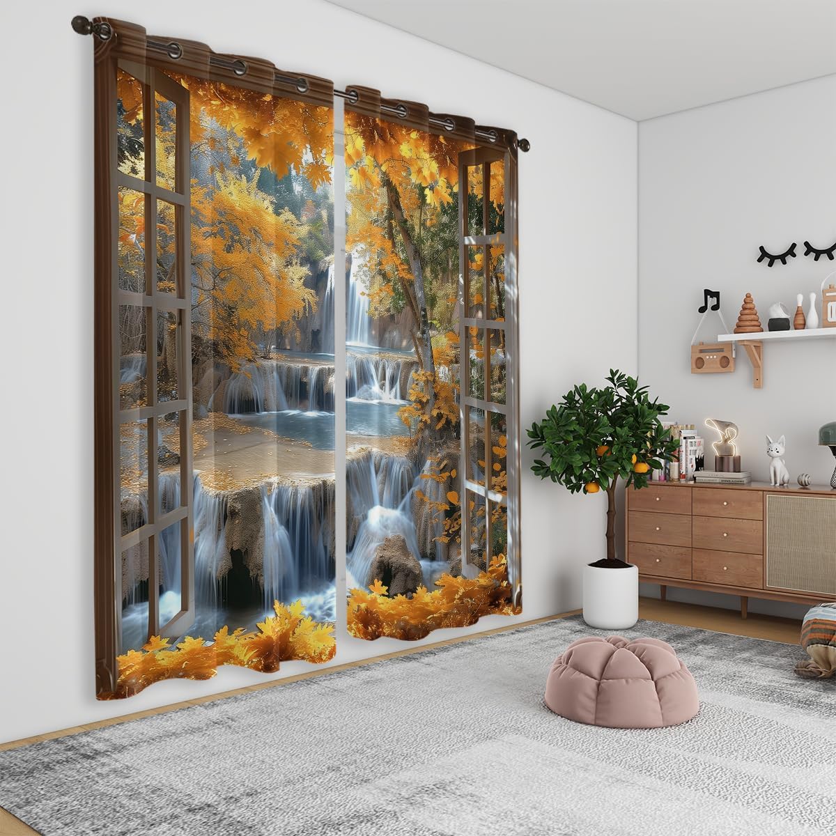 Landscape Blackout Curtains for Girls Boys Teens Home Decor, Nature 3D Autumn Fall Forest Maples Grommet Thermal Insulated Drapes Darkening Window Curtain for Bedroom Living Room, 84 x 84 Inch