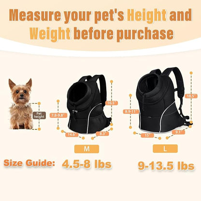 YUDODO Dog Front Carrier Backpack, Adjustable Breathable Dog Backpack | Ventilated, Safety Belt, Lightweight, Reflective Strip, Pocket Storage, For Walking Hiking Outdoor, Jet Black, M