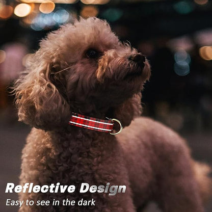 Reflective Dog Collar for Large Dogs, Cute Boho Adjustable Heavy-Duty Nylon Puppy Collar for Boy and Girl Female, Soft Pet Accessories with Quick Release Buckle, Black Red Tartan