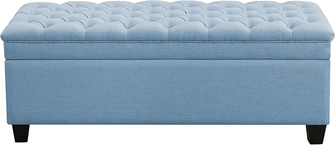 51" Fabric Storage Ottoman Bench, Upholstered Rectangle End of Bed Storage Ottoman Tufted Living Room Bedroom Bench with Safety Hinge, Solid Wood Legs, Loads 500 lb(Light Blue)