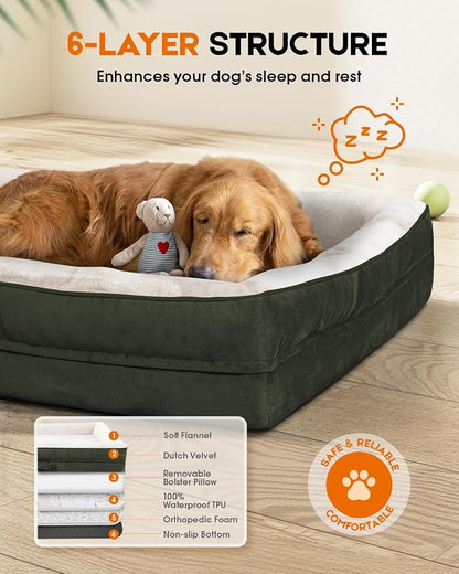 Upvilla Orthopedic Dog Bed, Four-Sided Small Dog Sofa, Washable Cover Green | Removable Waterproof Dog Bed Cover, Egg-Crate Orthopedic Foam, Built-In Carry Handle, Indoor Small Pet Beds, Cat Beds
