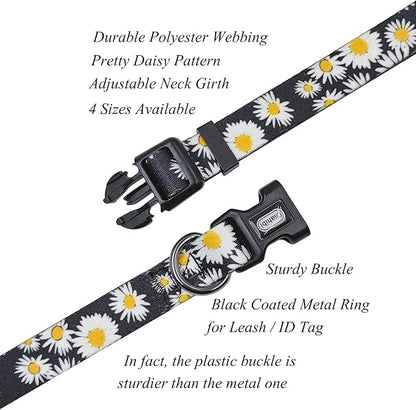 Dog Collar and Leash Set, Cute Daisy Pattern, Polyester Material, 5ft Leash, for Puppy Dogs.(Extra Small,Black Daisy)