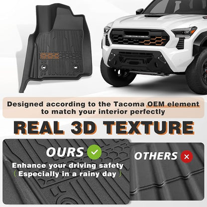 TripleAliners for Tacoma 2024 2025 2026 | Floor Mats First Row ONLY | for Double Cab & Access Cab All Weather Liners Compatible with 2024+ Toyota Tacoma Accessories (Fit Auto Trans), 2PC