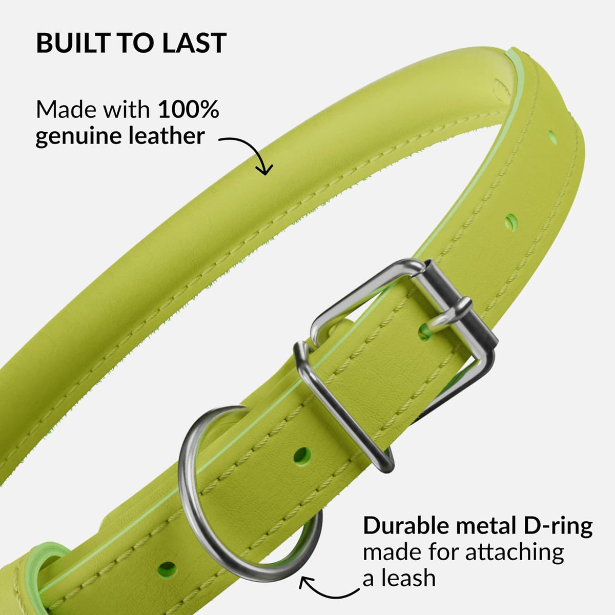 CollarDirect Rolled Leather Dog Collar, Soft Padded Round Puppy Collar, Handmade Genuine Leather Collar Dog Small Large Cat Collars 13 Colors (13-16 Inch, Lime Green Smooth)