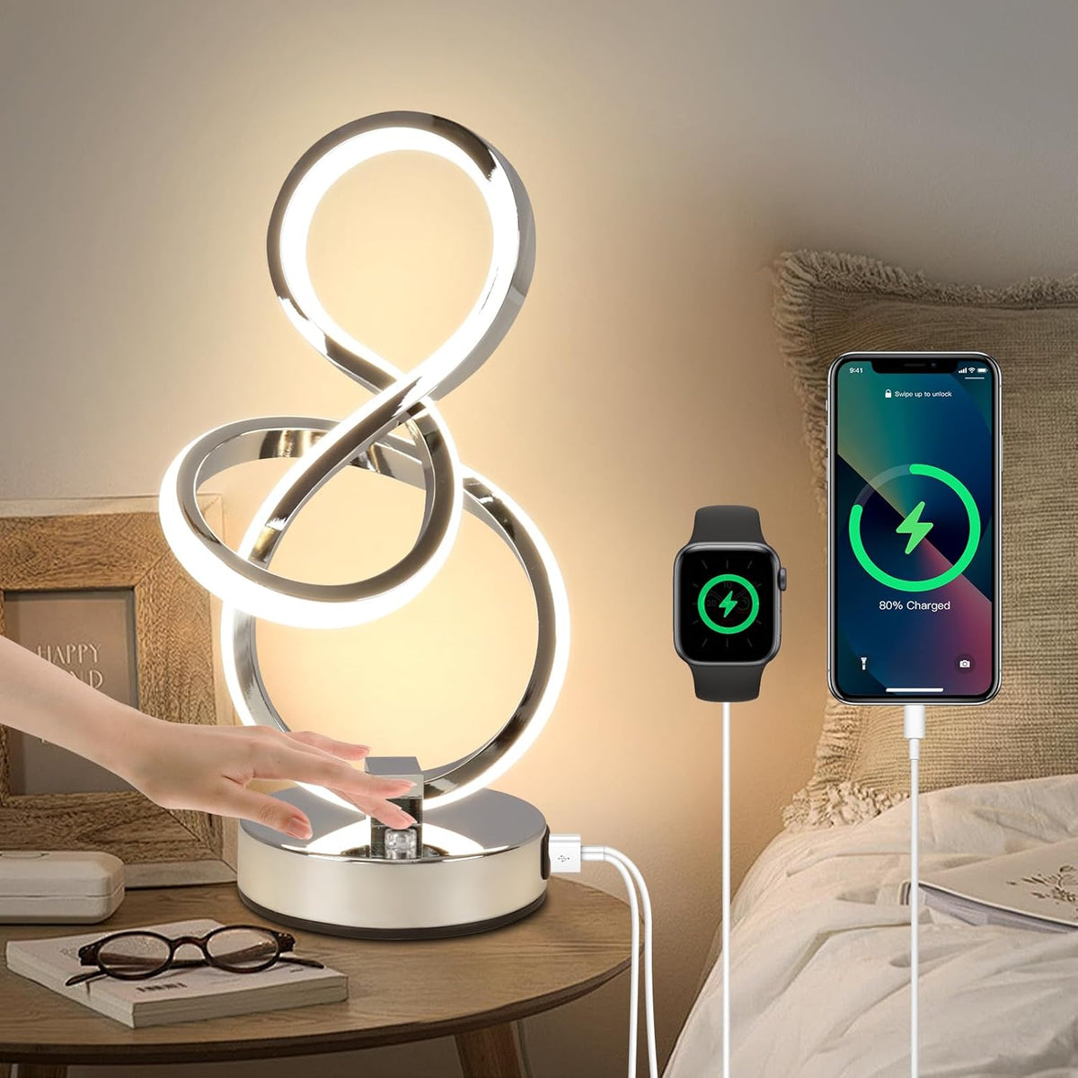 Modern Table Lamp, LED Bedside lamp with USB C+A Ports, Touch Stepless Dimmable Nightstand lamp, Unique Spiral Table lamp for Bedroom Living Room Home Office, LED Spiral lamp, Silver