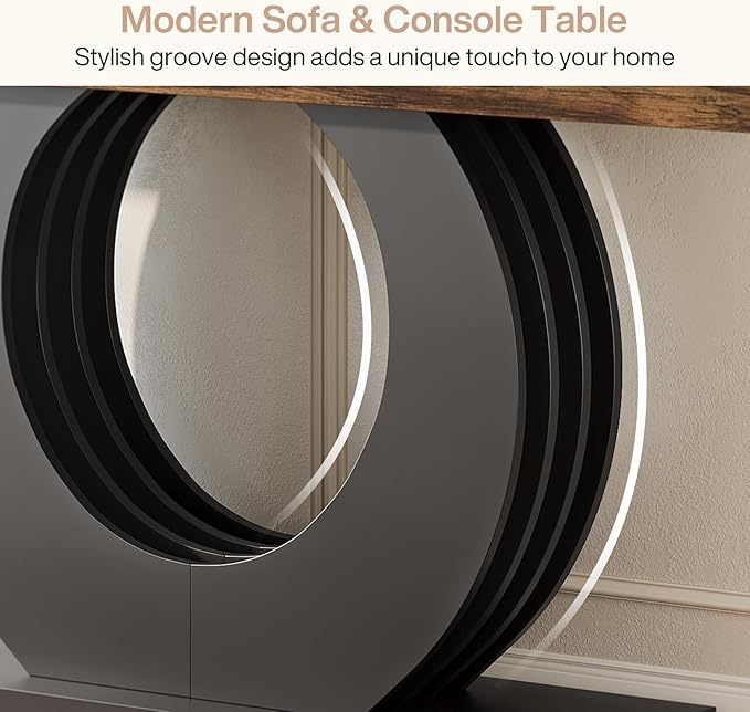 Tribesigns 63-Inch Console Sofa Table, Rustic Industrial Farmhouse Entryway Table, Narrow Long Couch Console Behind Sofa with Black Circle Base for Living Room Hallway, Rustic Brown