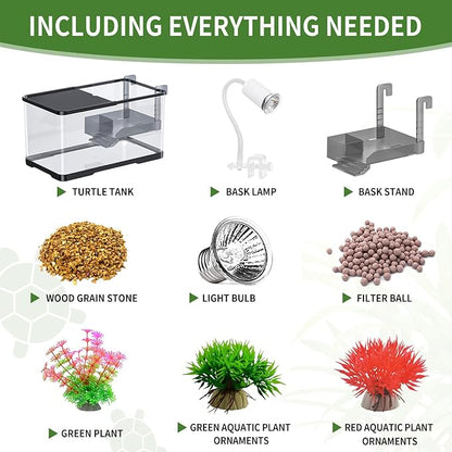 (Tank + Light + Filter Balls) Turtle Tank Kit, Turtle Tank Starter Kit,Bottom Drainage, Multi-Function Areas for Turtles, Crabs,Fishes, Amphibians,Reptiles. (11.81 × 7.88 × 7.88 Inch)