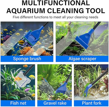 5 in 1 Fish Tank Cleaner Kit Aquarium Cleaning Tools with 19 Inch Anti-Slip Handle Fish Tank Cleaner with Algae Scraper and Fish Net