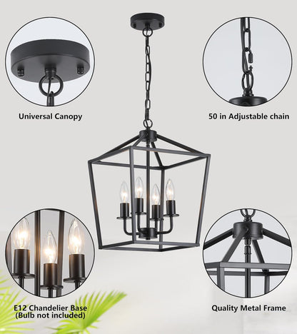 AMZASA UL Listed Black Industrial 4 Light Lantern Chandelier Ceiling Light Fixtures Farmhouse Metal Cage Rustic Geometric Pendant Light for Kitchen Island Entryway Dining Room Stairs and Hallway