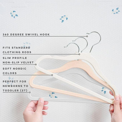 3 Sprouts Velvet Baby Hangers - Non-Slip Hanger for Infant, Toddler, Baby Clothes - Closet Kids Hangers with Slim Design, Nordic Colors, Pack of 30 - Assorted Cream, Grey, Hazelnut
