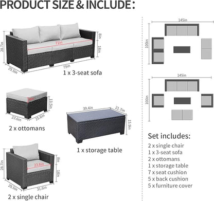 Rattaner Patio Wicker Furniture Set 6 Pieces Outdoor HDPE Wicker Conversation Couch Sectional Chair Sofa Set with Grey Cushions