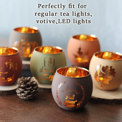 SHMILMH Thanksgiving Votive Candle Holder Set of 12, Glass Tealight Votives Holder with 6 Laser Engraving Patterns, Fall Table Centerpiece Indoor Outdoor Decor