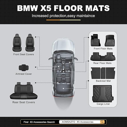 Floor Mats & Cargo Liner & Backrest Mat Compatible with BMW X5 2014-2018 | All Weather Protection for BMW F15 Trunk Mat Back Seat Cover Protector Full Set
