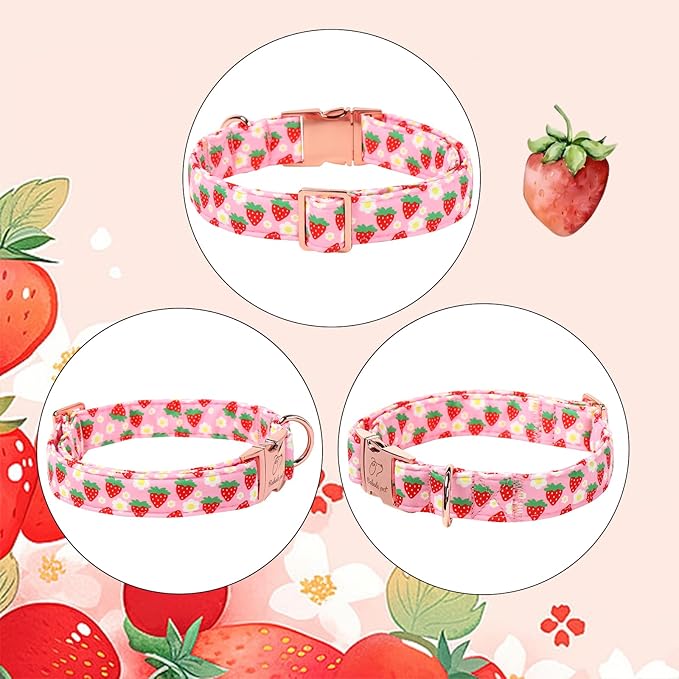 Strawberry Dog Collar for Small Dogs - Adjustable Spring Summer Pink Girl Dog Collars, Cute Girly Female Pet Collar with Metal Buckle S