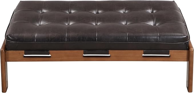 Christopher Knight Home Penley Modern Rectangular Faux Leather Upholstered Living Room Ottoman Bench/Coffee Table, Rubberwood Frame, Tufted Large Sofa Footstool, Multi-Functional, Dark Brown+Walnut