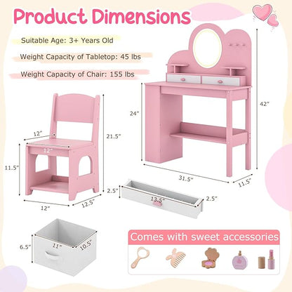 Costzon Kids Vanity, Girls Vanity Set with Lighted Mirror, Bookshelf, Drawers, Hooks & Storage Shelves, Toddler Makeup Vanity Desk Dressing Table, Wooden Kids Vanity Table and Chair Set (Pink)