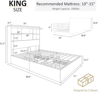 AMERLIFE King Size Bed Frame Wooden Platform Bed with 51.2" Storage LED Bookcase Headboard, 4 Storage Drawers & Charging Station/No Box Spring Needed/Noise Free/Rustic Grey