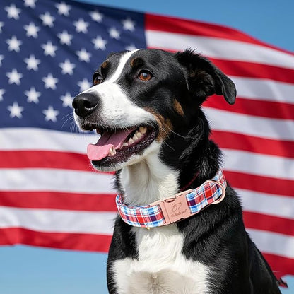 Adjustable Plaid Boy Dog Collar - Classic Boy Dog Plaid Collars for Medium Dogs, Durable Red White Blue Heavy Duty Metal Buckle Pet Collar M