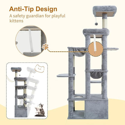 Heybly Cat Tree, 71-Inch Tall Cat Tower for Large Maine Coon Cats with Extra-Large Baseboard, Cat Condo Furniture with Multi-Level Platforms, 2 Hammocks and 12 Scratching Posts, Light Gray HCT037W