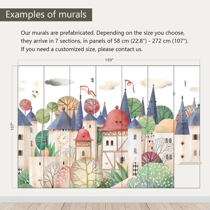 AFZEVEB-Cartoon Watercolor House Nursery Wallpaper Wall murals for Kids Room 159"x107" (Not Peel and Stick)